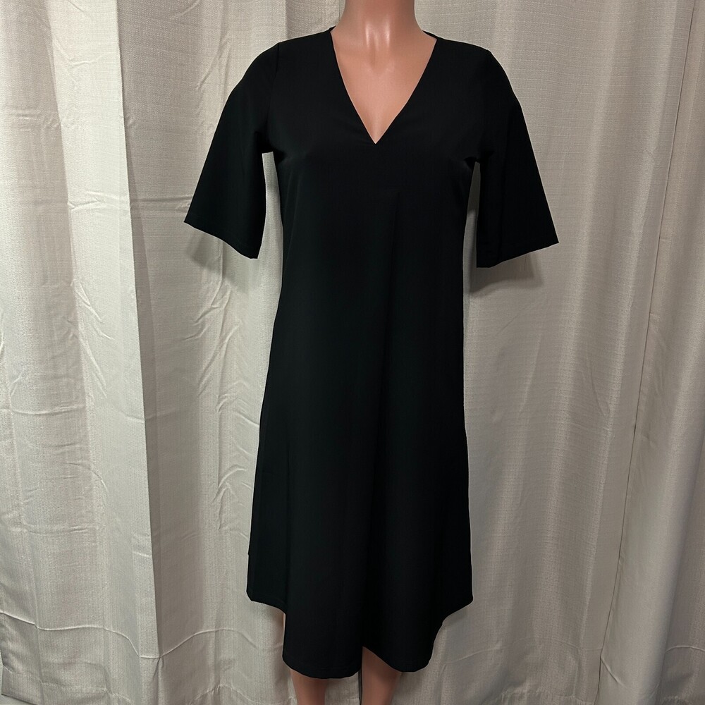 Perlavera Pullover Short Sleeve V-Neck Shift Dress Women's Size XS Black